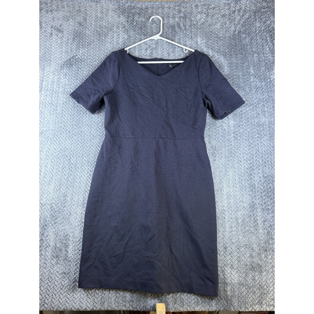 Banana Republic Shift Dress Womens 12 Navy Blue Polka Dot Rayon Stretch Back Zip